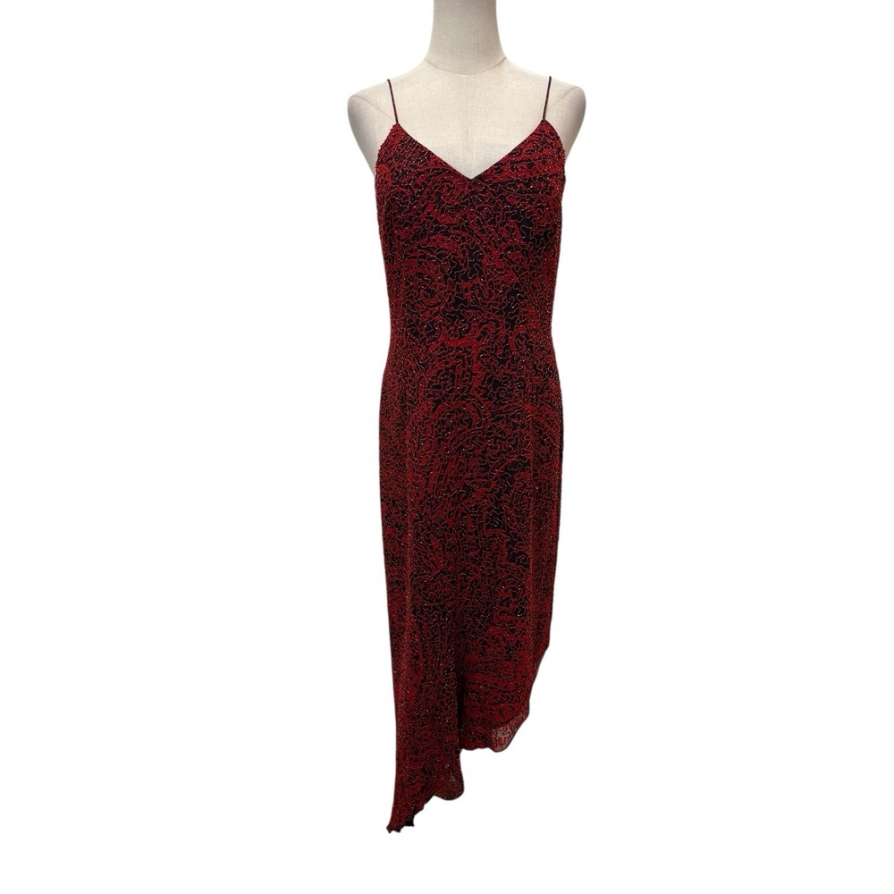 Vtg 90s Sean Collection Silk Beaded Slip Dress Red Black Asymmetric‎ Whimsigoth